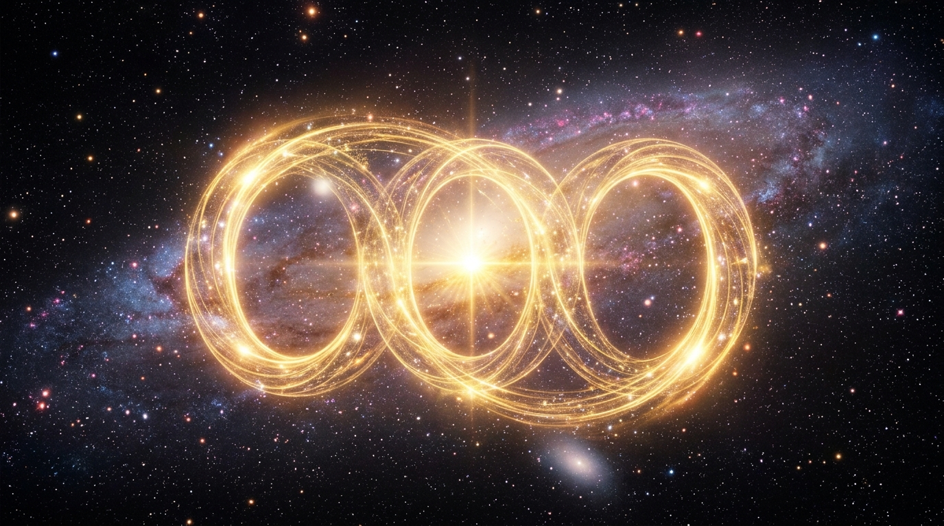 Engelszahl 000 Bedeutung -- drei leuchtende Kreise, die sich zu einem unendlichen Muster verbinden