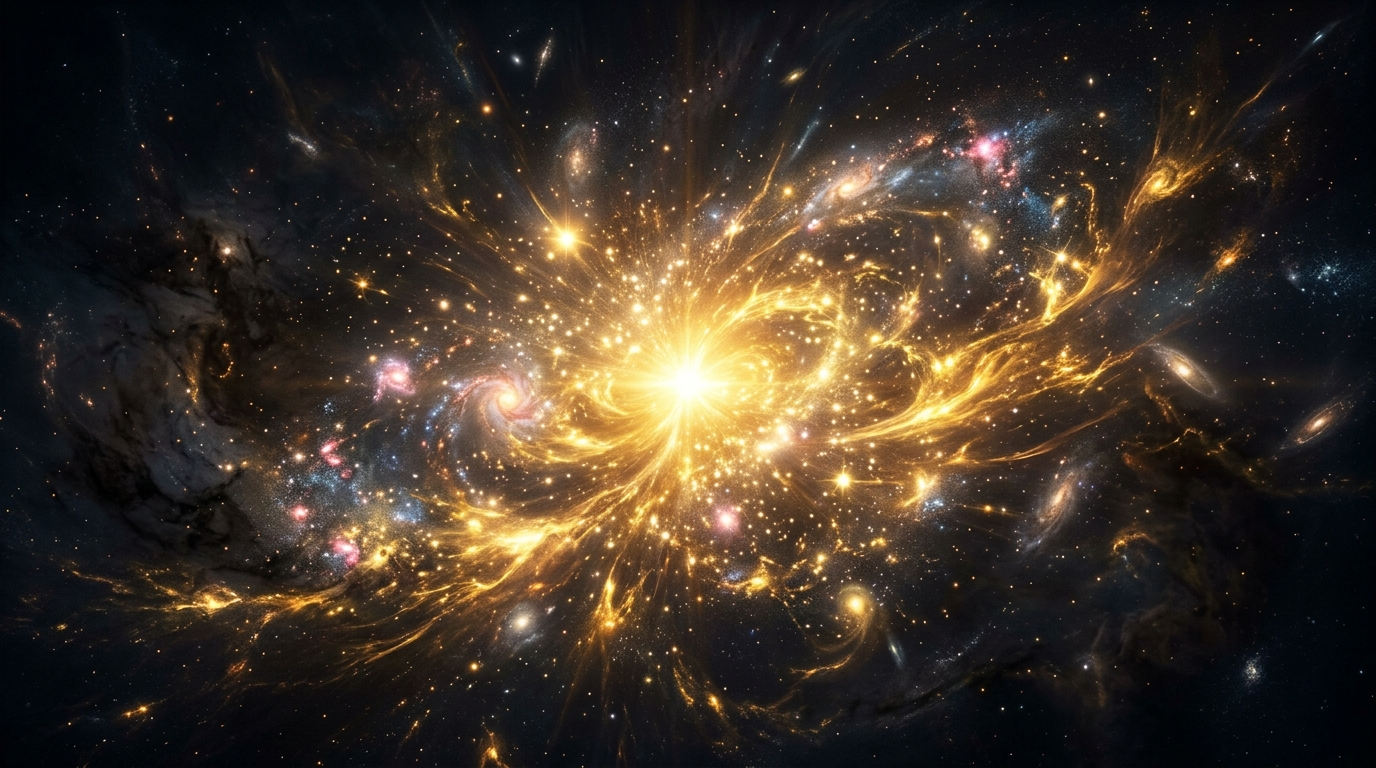 Engelszahl 01 Energie: weißes Licht, das durch ein Tor aus Null und Eins in die Unendlichkeit strömt