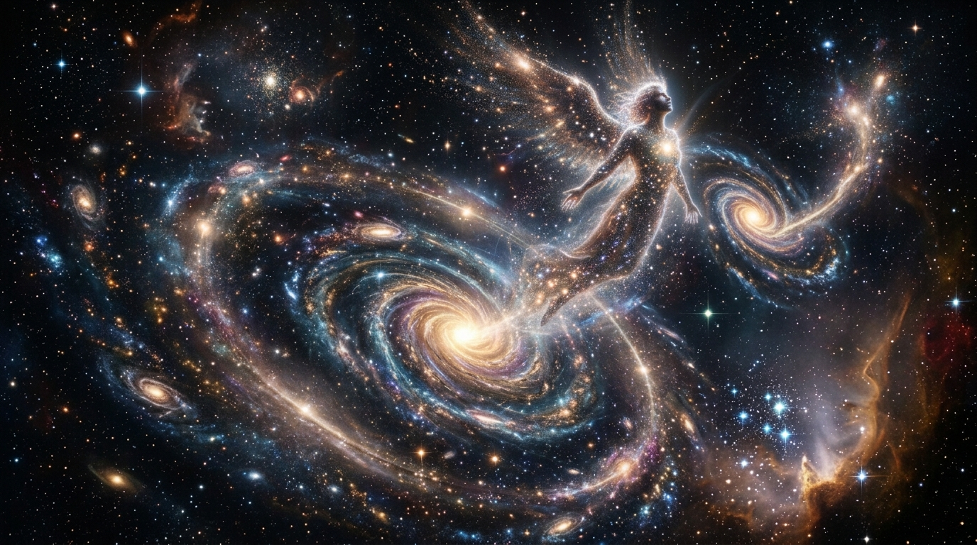 Engelszahl 0101 Bedeutung -- ein strahlend weißes Portal öffnet sich in einem mystischen Lichtfeld