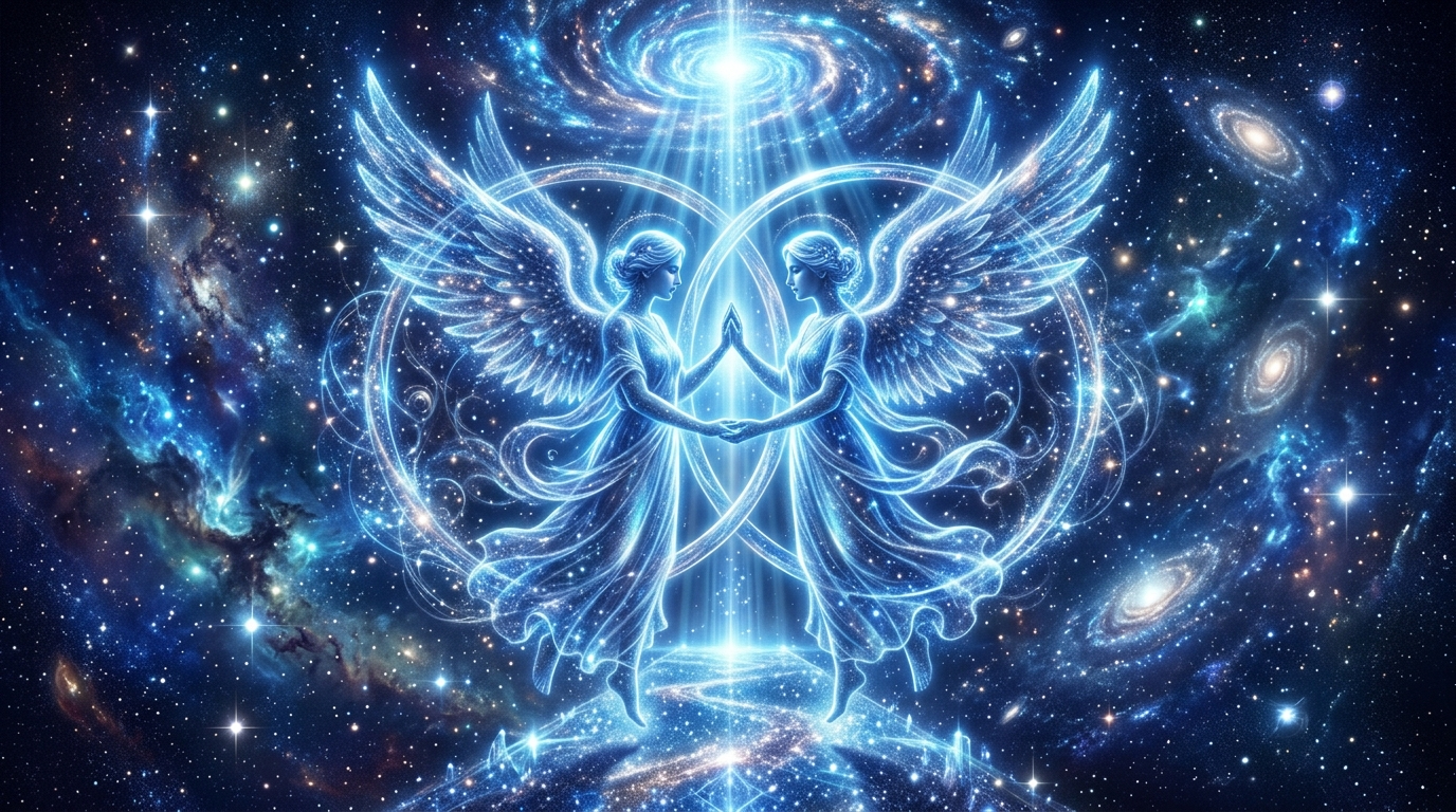 Engelszahl 0202 Bedeutung: zwei Lichtpunkte die sich spiegeln auf samtblauem Hintergrund