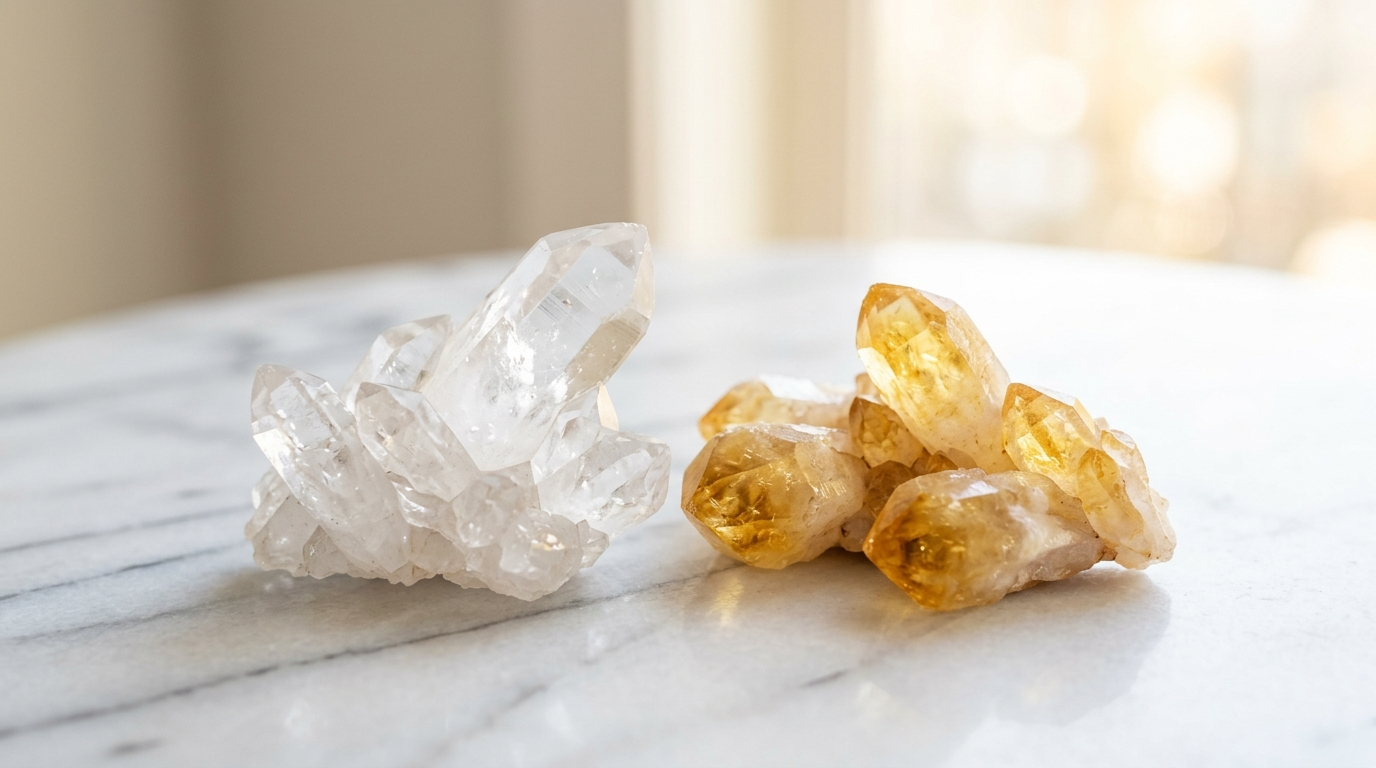 Bergkristall Citrin Mondstein Selenit auf weißem Marmor goldenes Licht Kristalle für Engelszahl 111