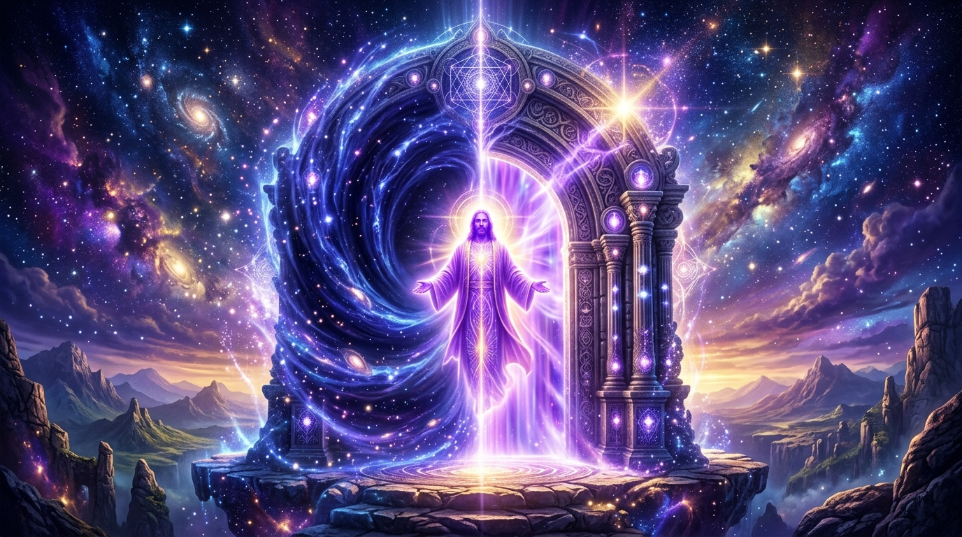 Engelszahl 1133 Bedeutung -- ein leuchtendes spirituelles Portal mit goldenen Lichtstrahlen öffnet sich in einem sternenklaren Nachthimmel