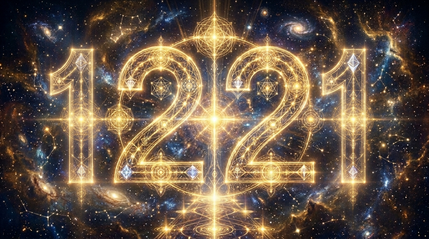 Engelszahl 1221 Bedeutung: spiegelsymmetrische Lichtkugeln in warmem Gold