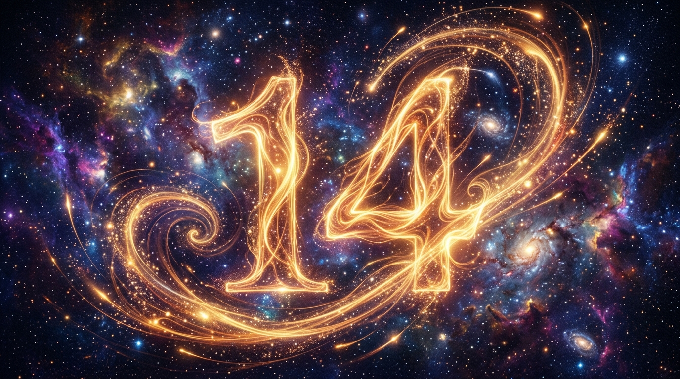 Engelszahl 14 Bedeutung mit symbolischer Waage zwischen Abenteuergeist und geerdetem Fundament