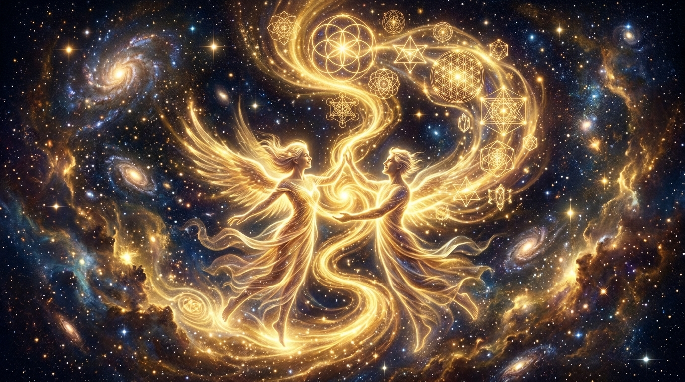 Engelszahl 2111 Bedeutung: zwei verbundene Lichtwellen auf goldenem Hintergrund