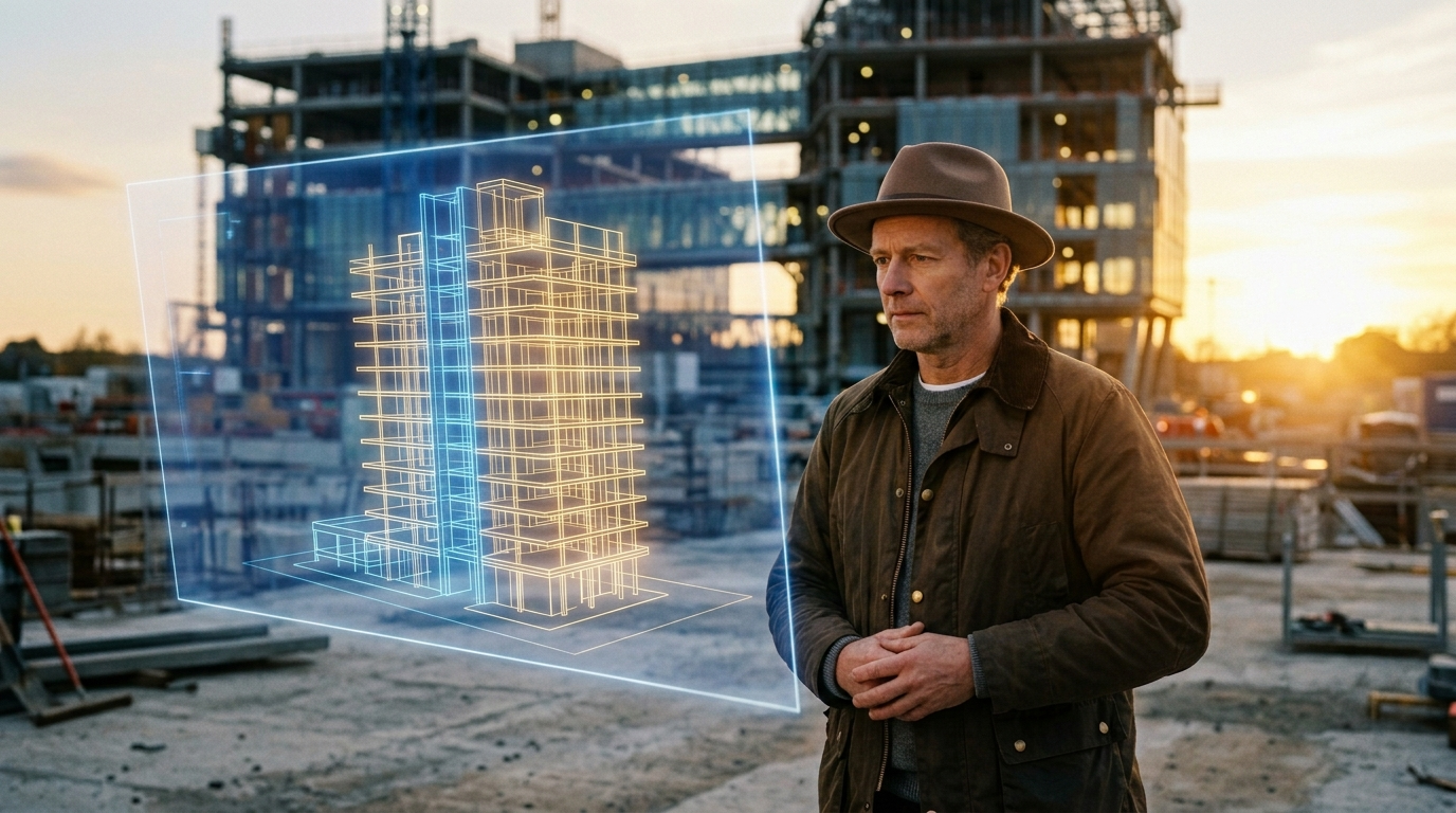 Engelszahl 22 als Meisterbauer mit Bauplan und Visionsmetapher