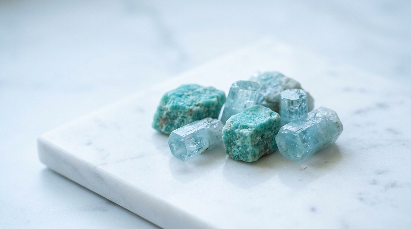 Amazonit und Aquamarin Kristalle auf weißem Marmor mit sanftem blauem Licht