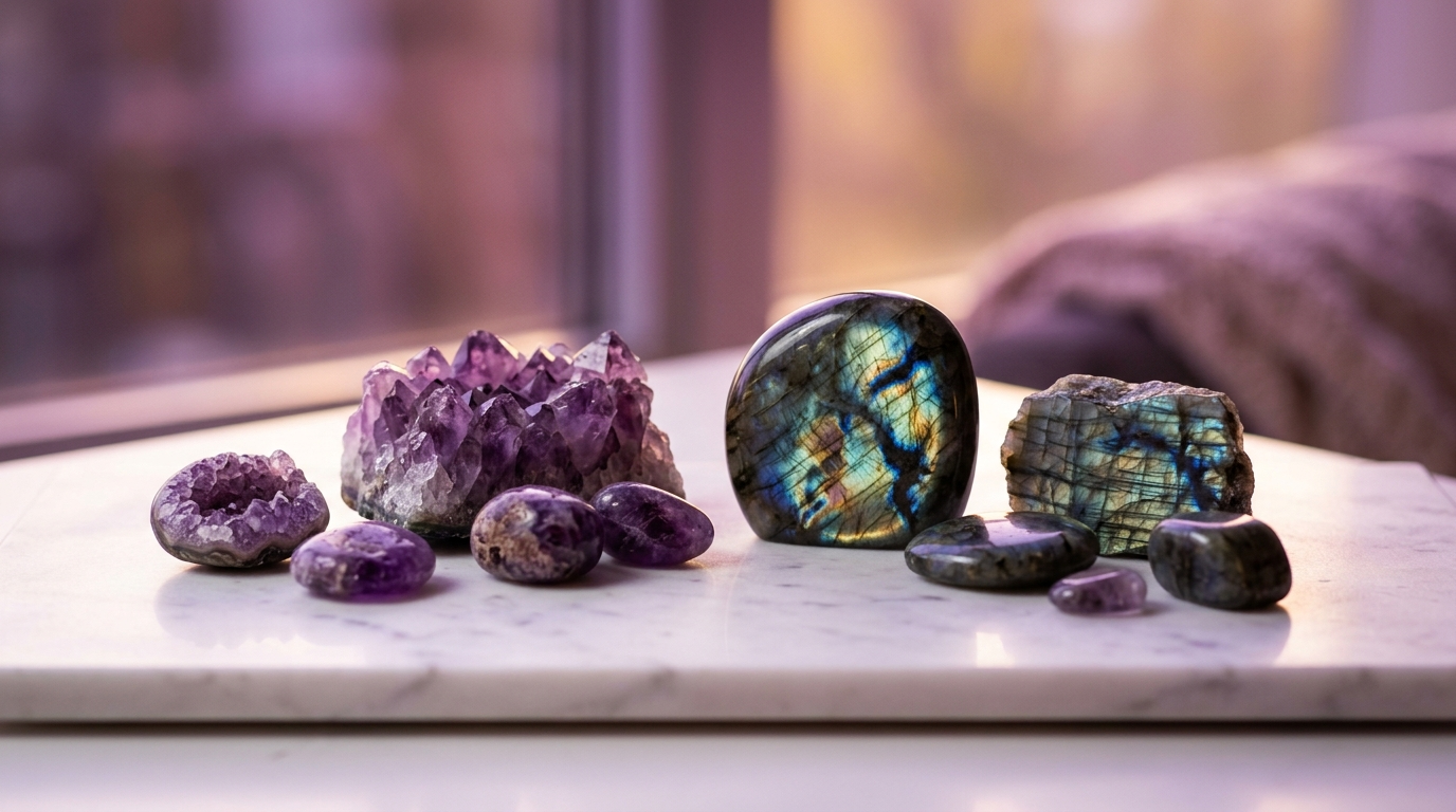 Amethyst und Labradorit Heilkristalle für Engelszahl 333 weißer Marmor