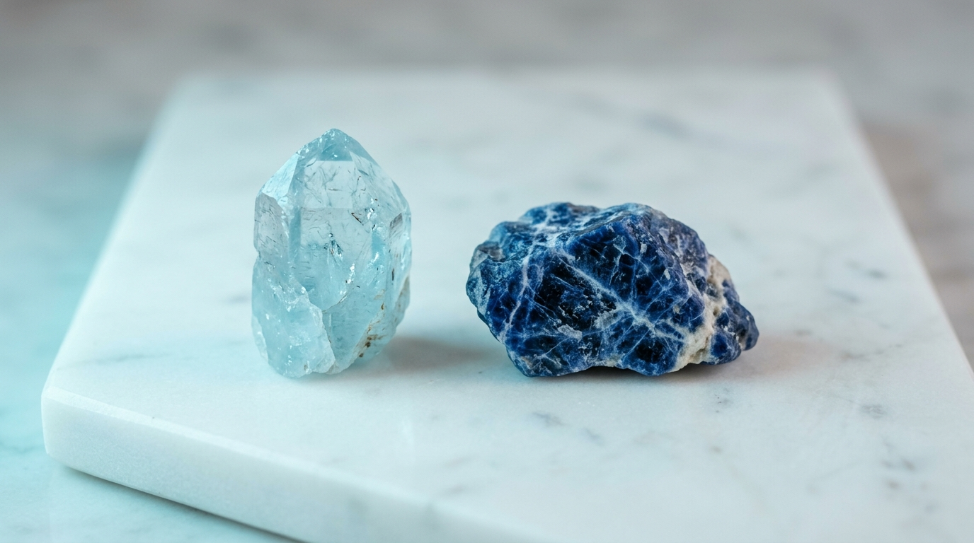 Aquamarin und Sodalith Kristalle auf weißem Marmor in türkisblauem Licht, Engelszahl 555 Kristalle