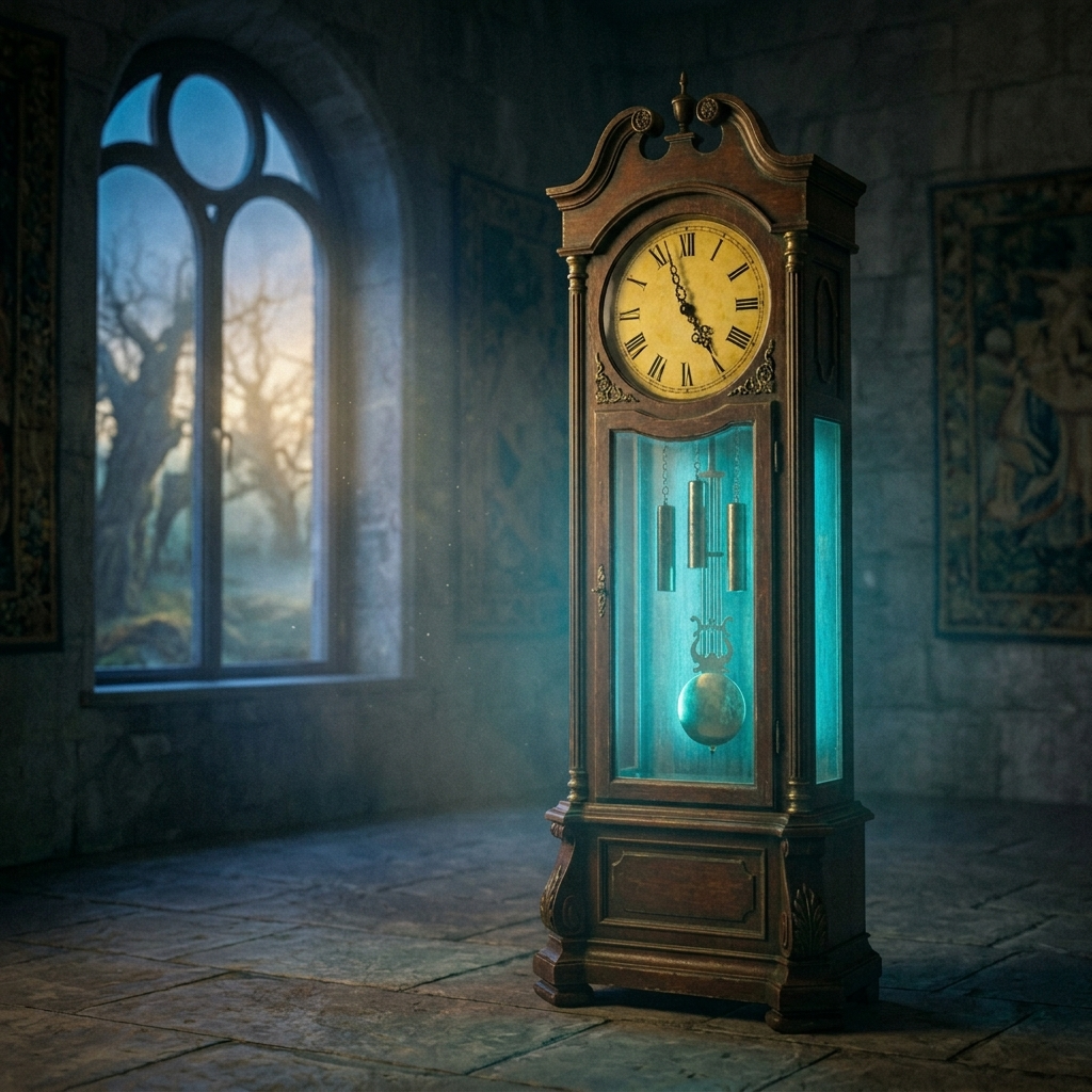 Antike Uhr zeigt 5:55 in türkisem mystischen Licht, spirituelles Veränderungssignal der Engelszahl 555