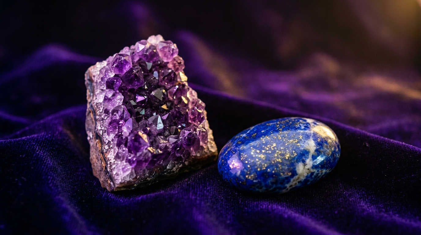 Amethyst und Lapislazuli als Kristalle der Engelszahl 777 auf einer Meditationsunterlage
