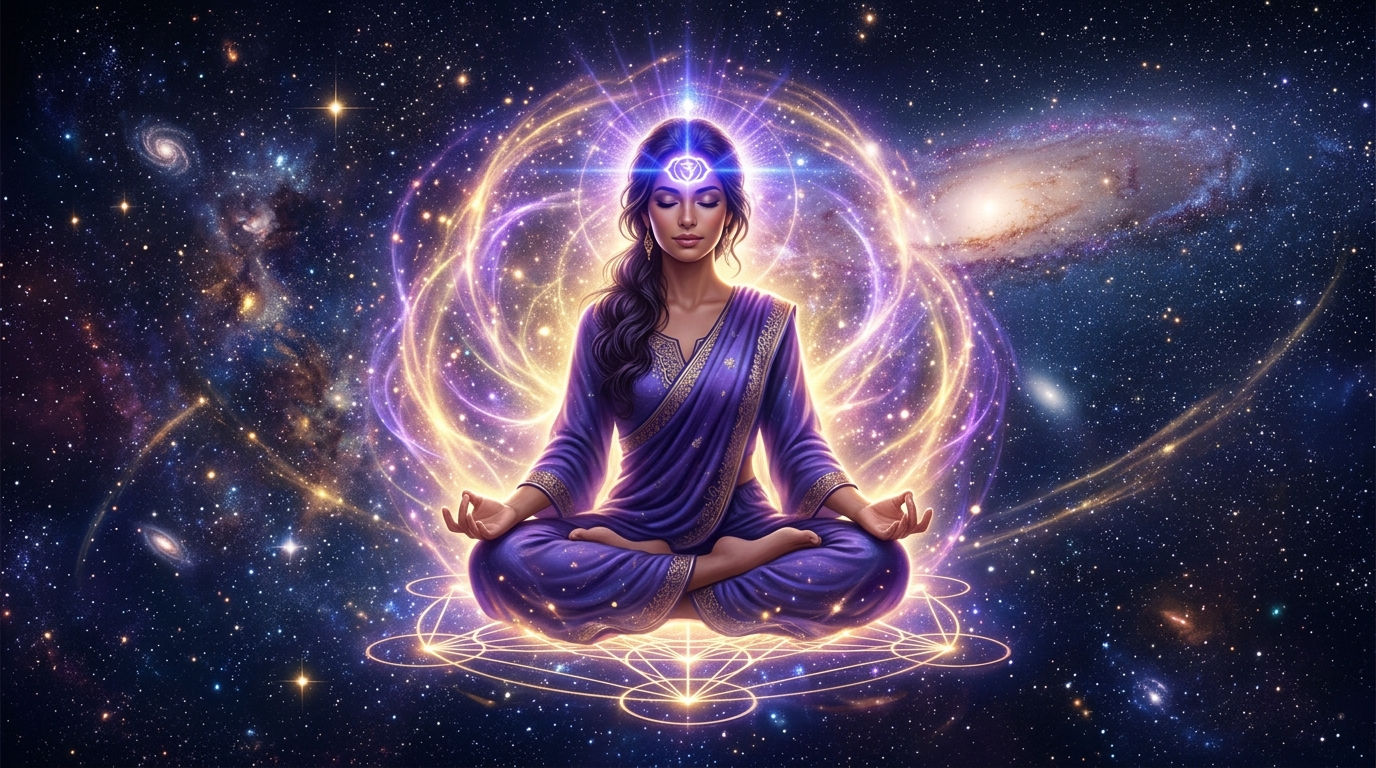 Meditierende Person im Indigo-Licht als Zeichen des spirituellen Erwachens durch Engelszahl 777