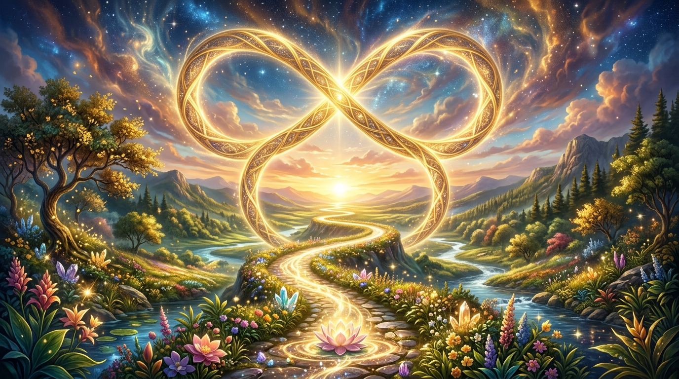 Engelszahl 818 Bedeutung: goldenes Lichttor zwischen zwei leuchtenden Kreisen auf dunklem Sternenhimmel