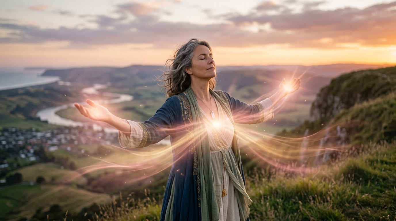 Engelszahl 99 Energie -- ein goldener Pfad, der sich durch ein weites Feld dem Horizont entgegenstreckt