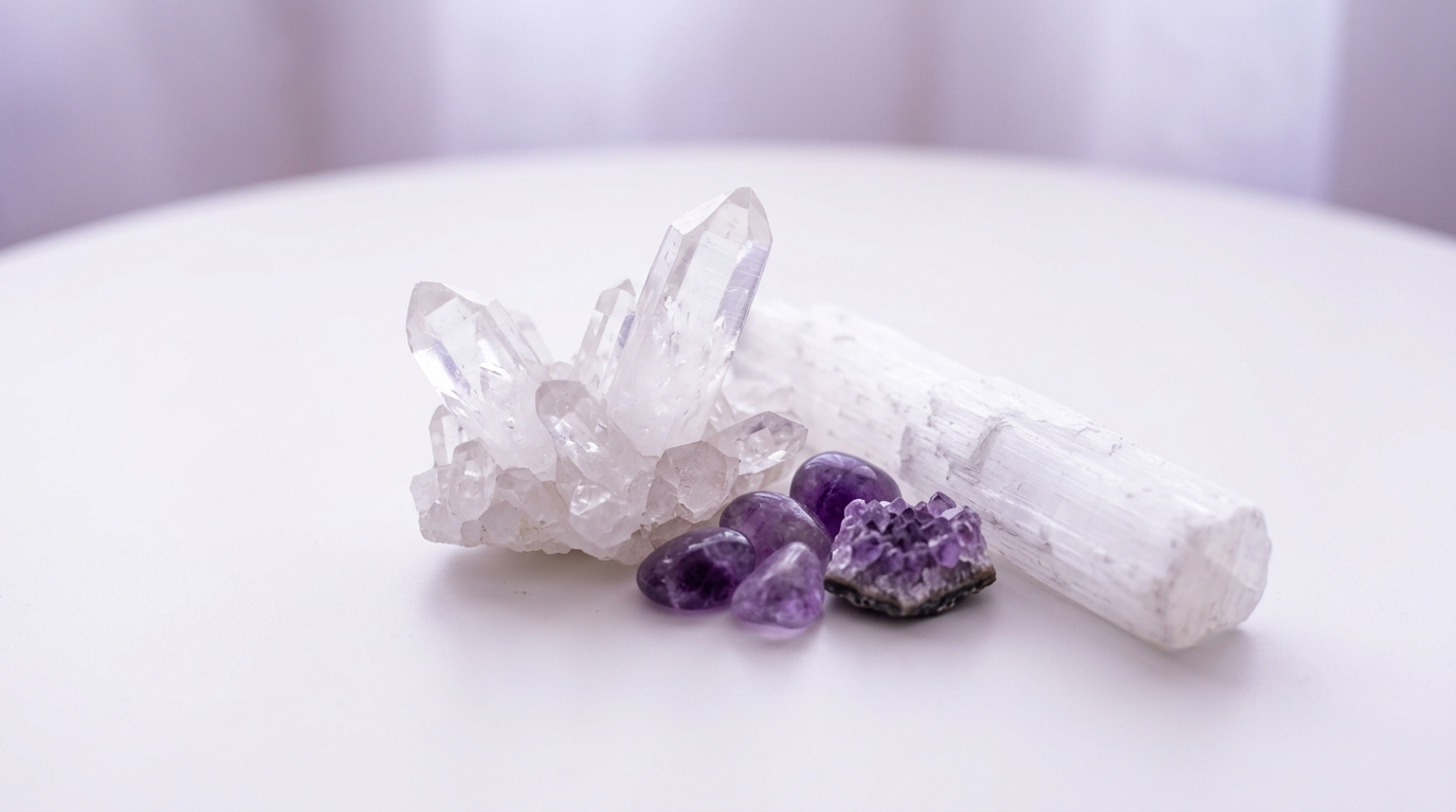 Engelszahl 999 Kristalle – Bergkristall, Selenit und Amethyst auf Holzunterlage