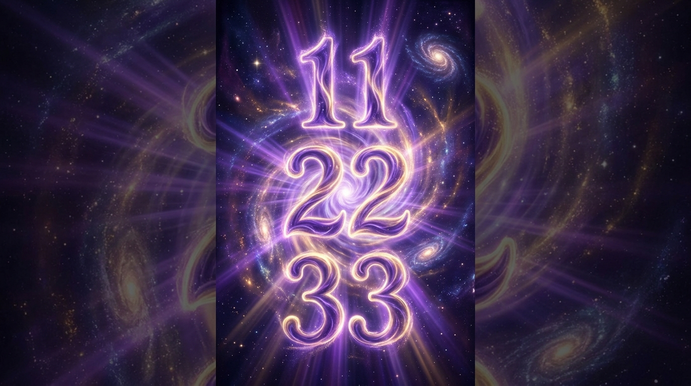 Meisterzahlen 11, 22 und 33 mit Lichtstrahlen auf mystisch-dunklem Hintergrund