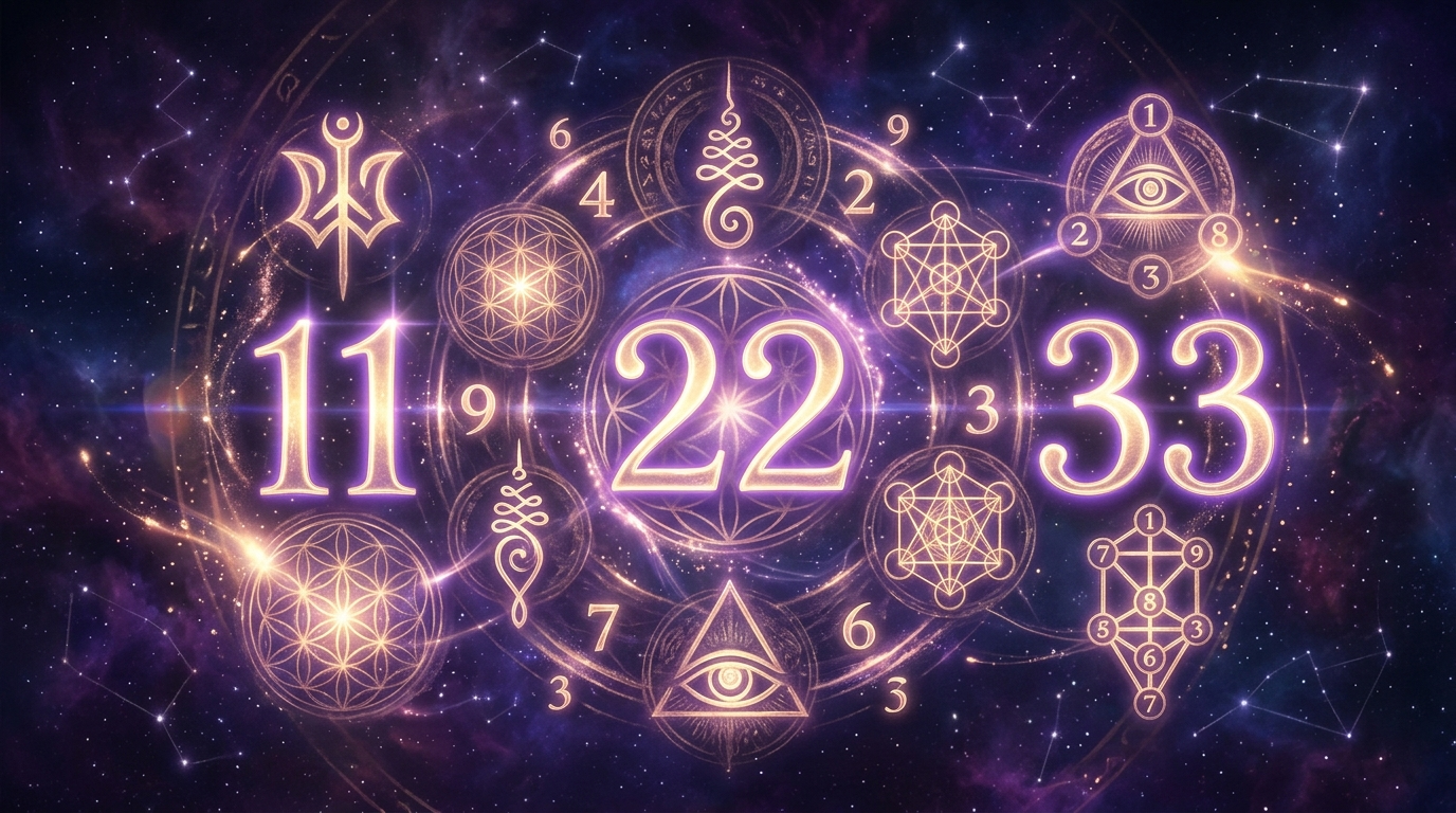 Meisterzahlen 11, 22 und 33 als leuchtende Symbole auf mystischem Hintergrund